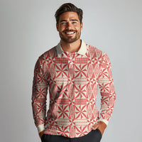 Red Ngatu Pattern Malo e Lelei Tonga Long Sleeve Polo Shirt LT14 - Polynesian Pride
