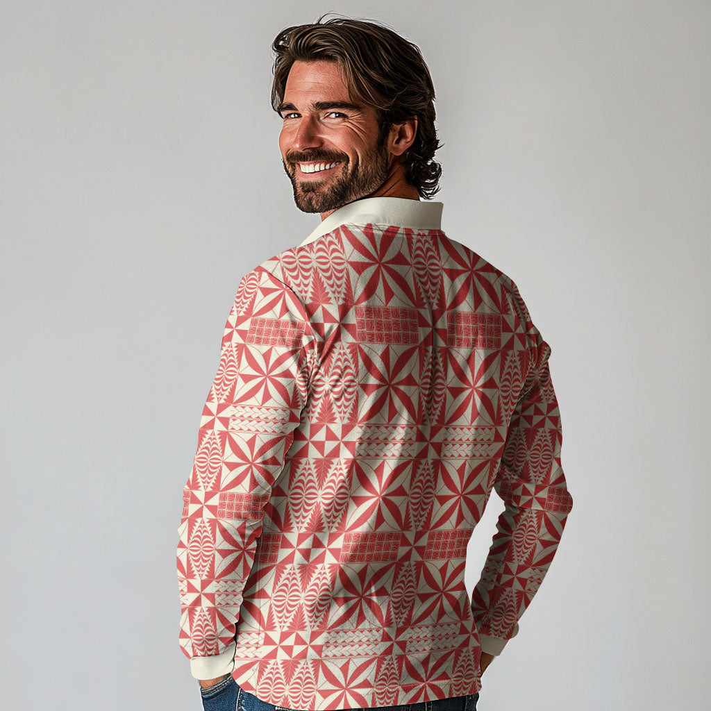 Red Ngatu Pattern Malo e Lelei Tonga Long Sleeve Polo Shirt LT14 - Polynesian Pride
