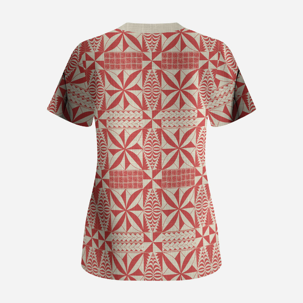 Red Ngatu Pattern Malo e Lelei Tonga Scrub Top LT14 - Polynesian Pride