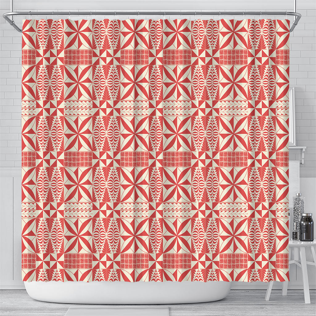 Red Ngatu Pattern Malo e Lelei Tonga Shower Curtain LT14 - Polynesian Pride