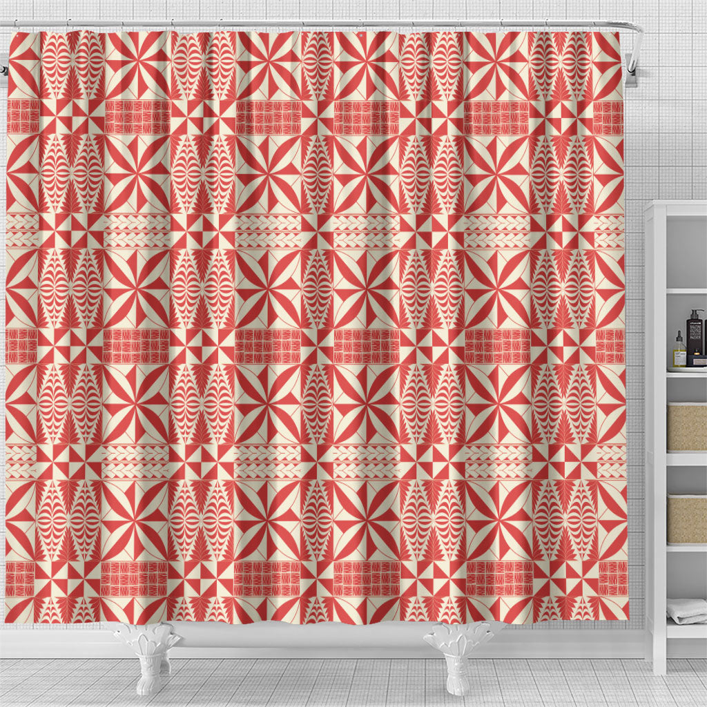 Red Ngatu Pattern Malo e Lelei Tonga Shower Curtain LT14 - Polynesian Pride