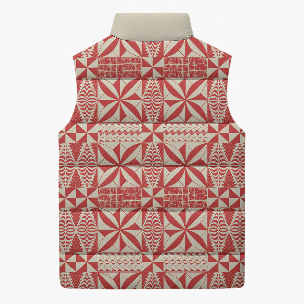 Red Ngatu Pattern Malo e Lelei Tonga Sleeveless Puffer Jacket LT14 - Polynesian Pride