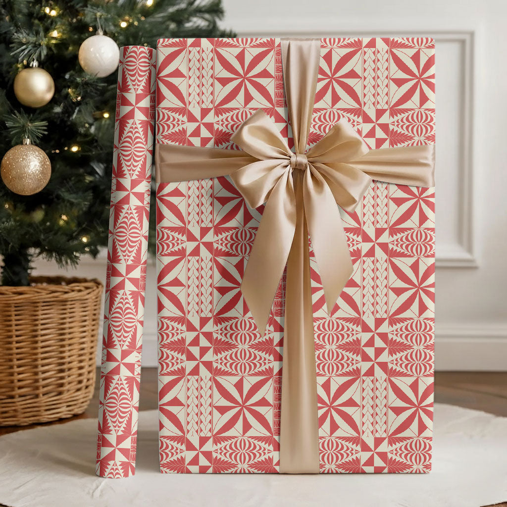 Red Ngatu Pattern Malo e Lelei Tonga Wrapping Paper LT14 - Polynesian Pride