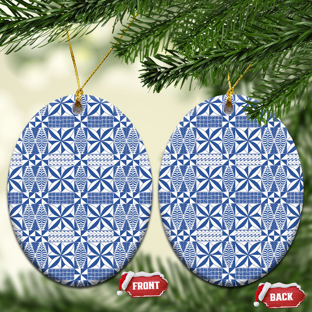 Blue Ngatu Pattern Malo e Lelei Tonga Ceramic Ornament LT14 Oval Blue - Polynesian Pride