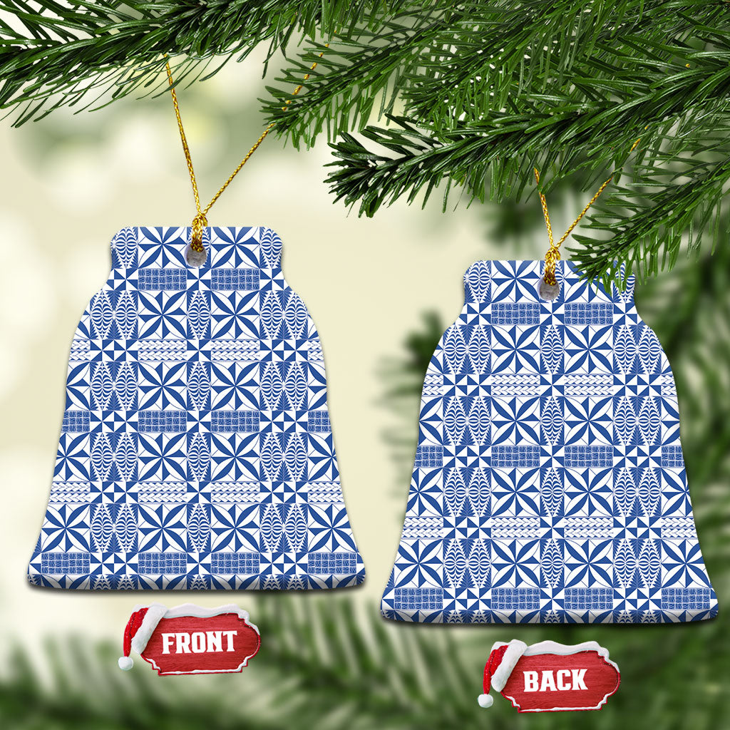 Blue Ngatu Pattern Malo e Lelei Tonga Ceramic Ornament LT14 Bell Flake Blue - Polynesian Pride