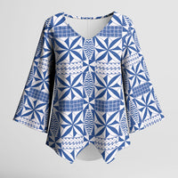 Blue Ngatu Pattern Malo e Lelei Tonga Kimono Sleeve Blouse LT14 Female Blue - Polynesian Pride