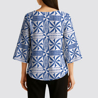 Blue Ngatu Pattern Malo e Lelei Tonga Kimono Sleeve Blouse LT14 - Polynesian Pride
