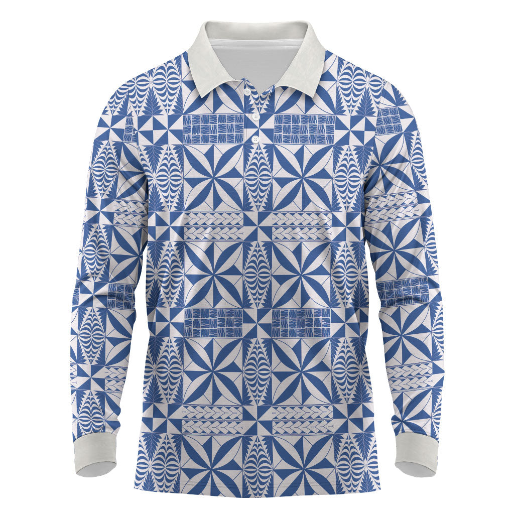 Blue Ngatu Pattern Malo e Lelei Tonga Long Sleeve Polo Shirt LT14 Blue - Polynesian Pride