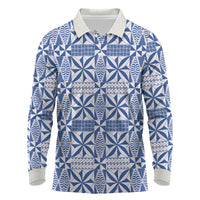 Blue Ngatu Pattern Malo e Lelei Tonga Long Sleeve Polo Shirt LT14 Blue - Polynesian Pride