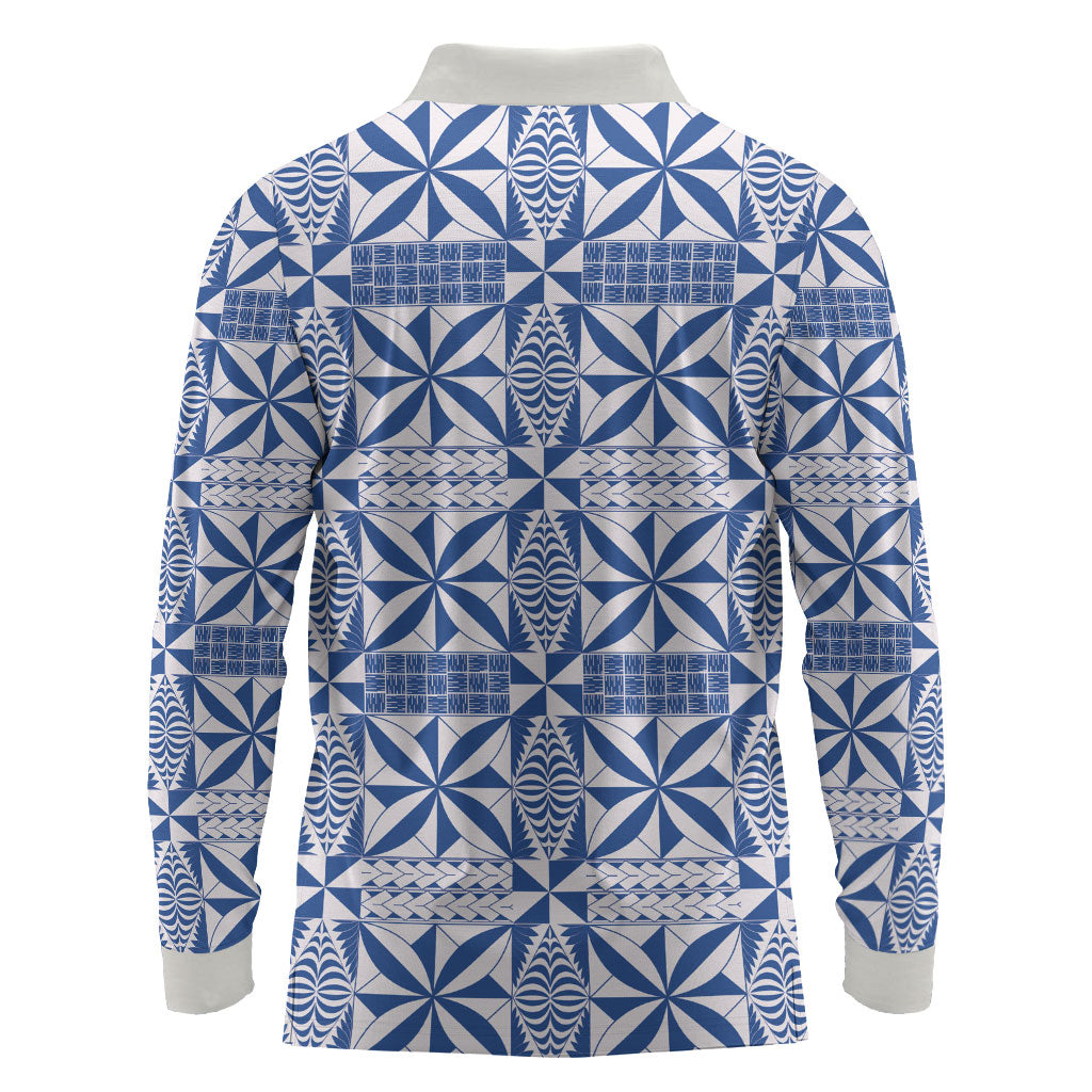 Blue Ngatu Pattern Malo e Lelei Tonga Long Sleeve Polo Shirt LT14 - Polynesian Pride