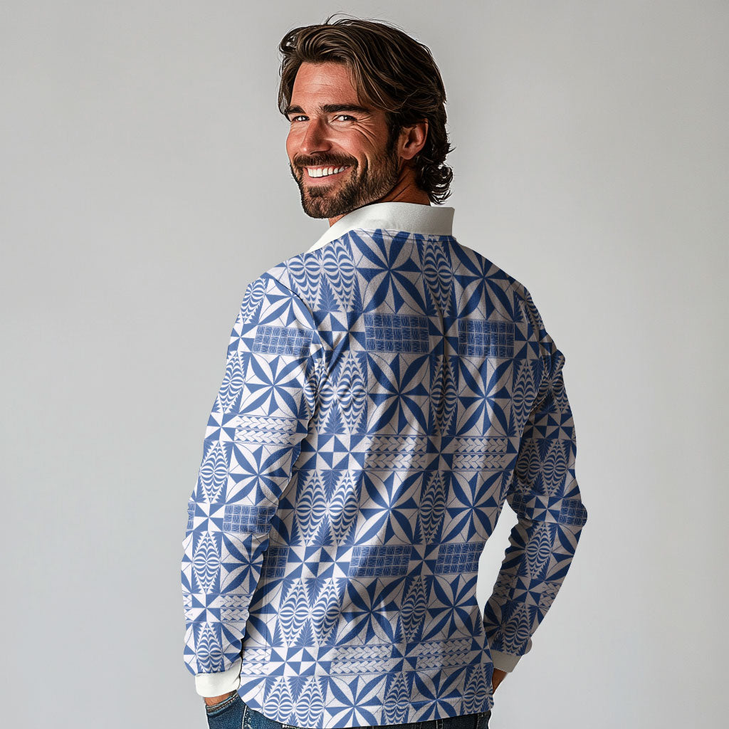 Blue Ngatu Pattern Malo e Lelei Tonga Long Sleeve Polo Shirt LT14 - Polynesian Pride