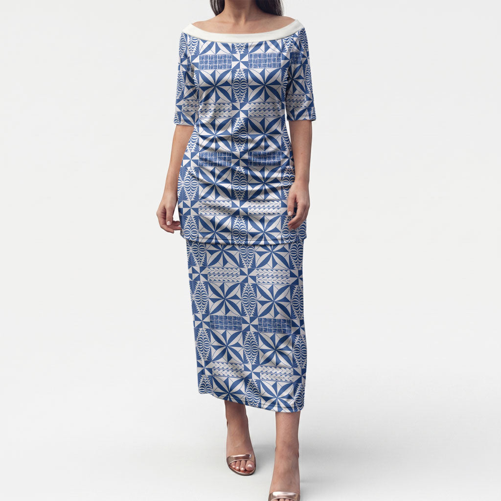 Blue Ngatu Pattern Malo e Lelei Tonga Puletasi LT14 Long Dress Blue - Polynesian Pride