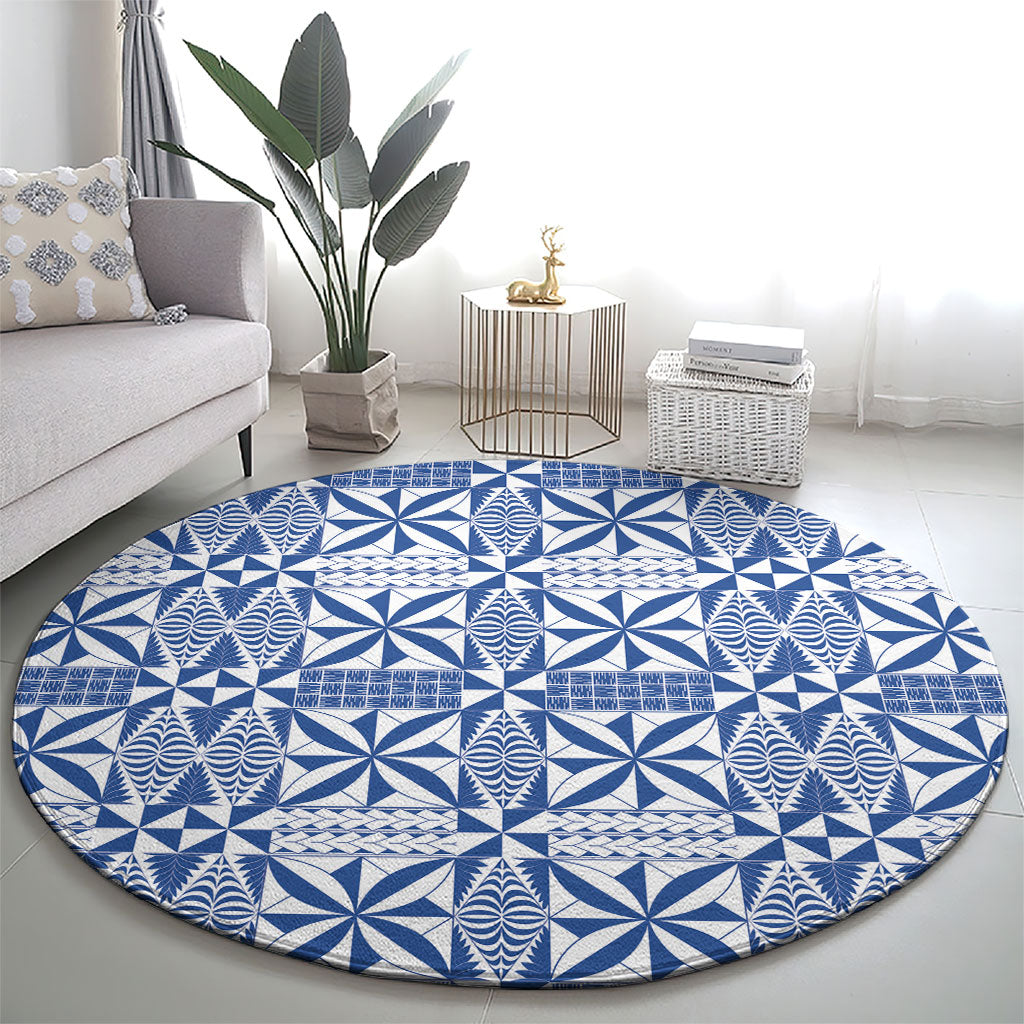 Blue Ngatu Pattern Malo e Lelei Tonga Round Carpet LT14 - Polynesian Pride