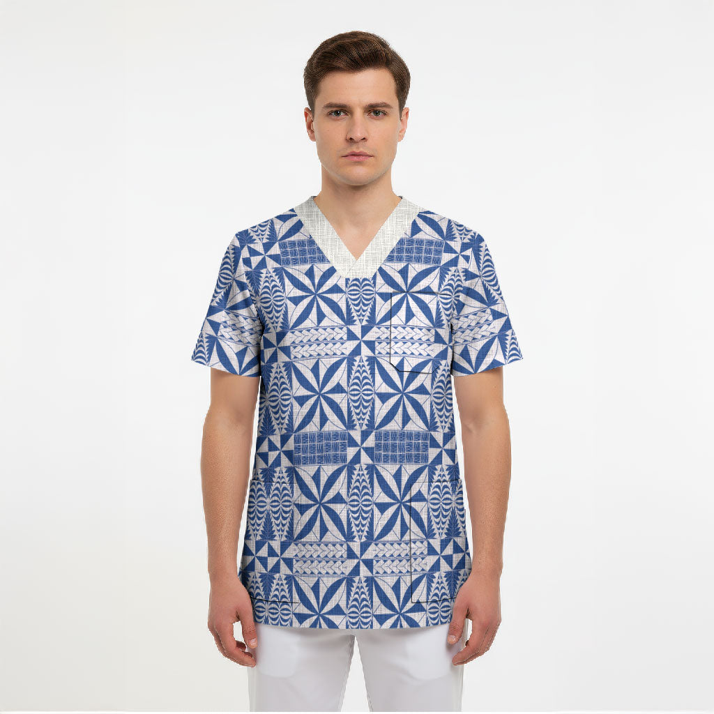 Blue Ngatu Pattern Malo e Lelei Tonga Scrub Top LT14 - Polynesian Pride