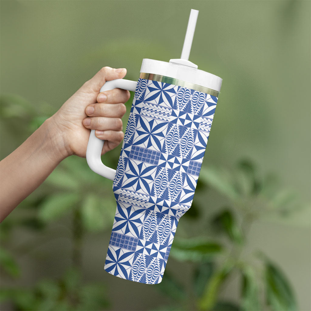 Blue Ngatu Pattern Malo e Lelei Tonga Tumbler With Handle LT14 - Polynesian Pride