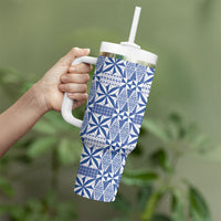 Blue Ngatu Pattern Malo e Lelei Tonga Tumbler With Handle LT14 - Polynesian Pride