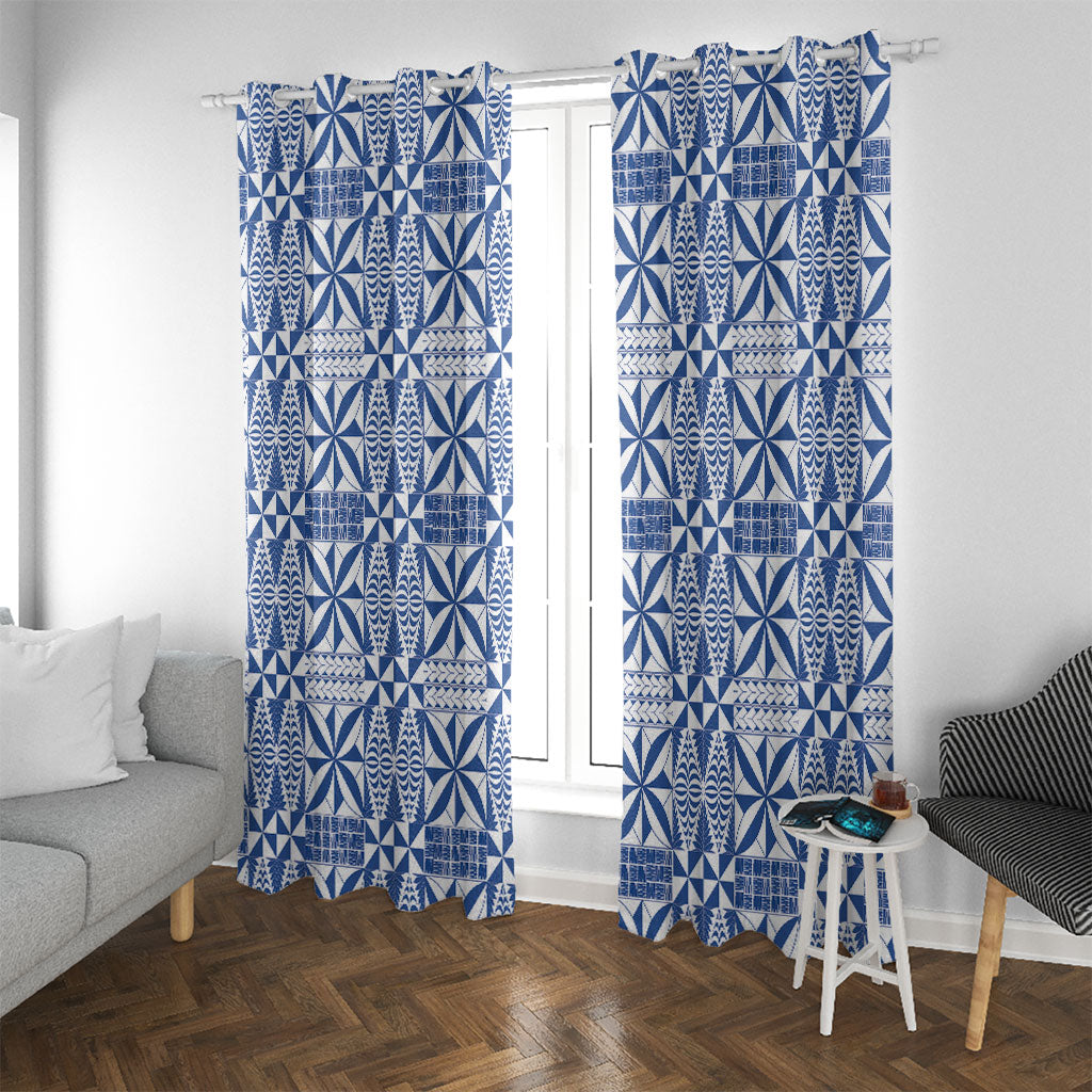 Blue Ngatu Pattern Malo e Lelei Tonga Window Curtain LT14 With Grommets Blue - Polynesian Pride