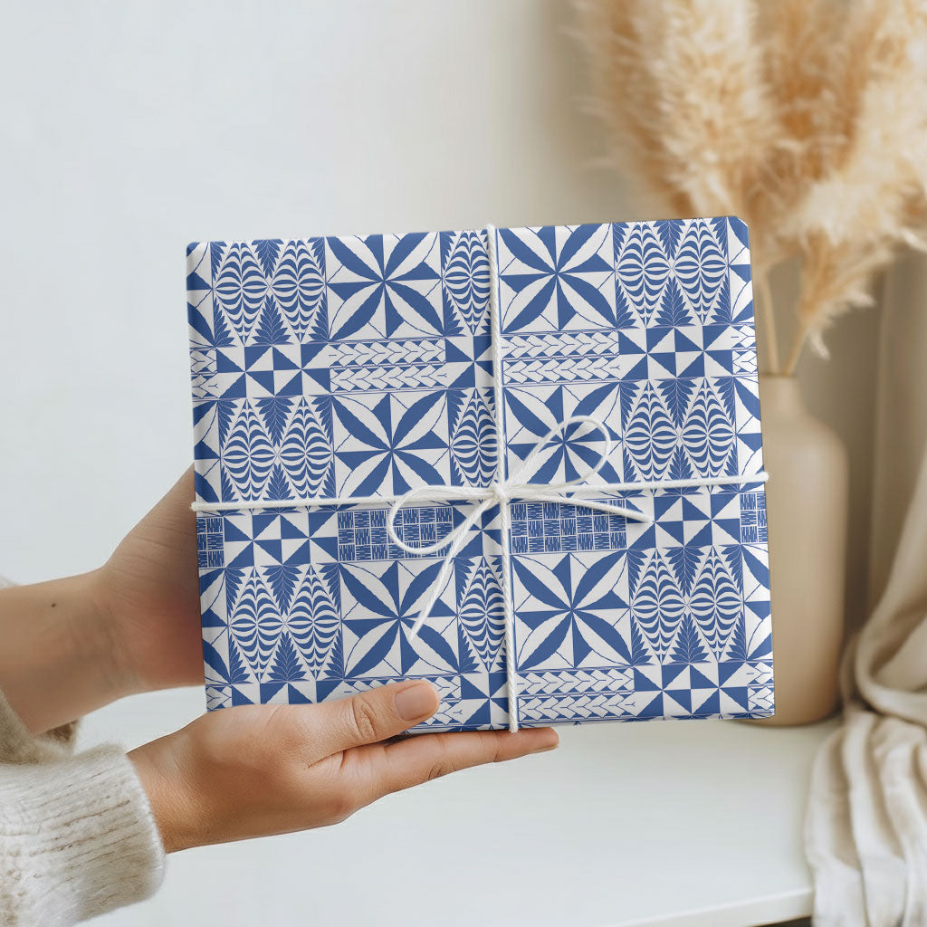 Blue Ngatu Pattern Malo e Lelei Tonga Wrapping Paper LT14 - Polynesian Pride