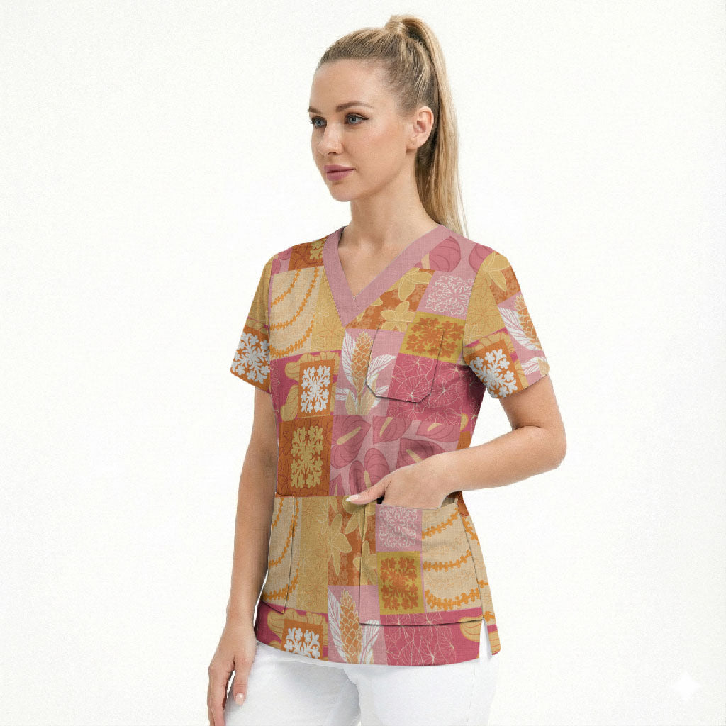 Aloha Hawaii Quilt Floral Patchwork Style Scrub Top LT14 - Polynesian Pride