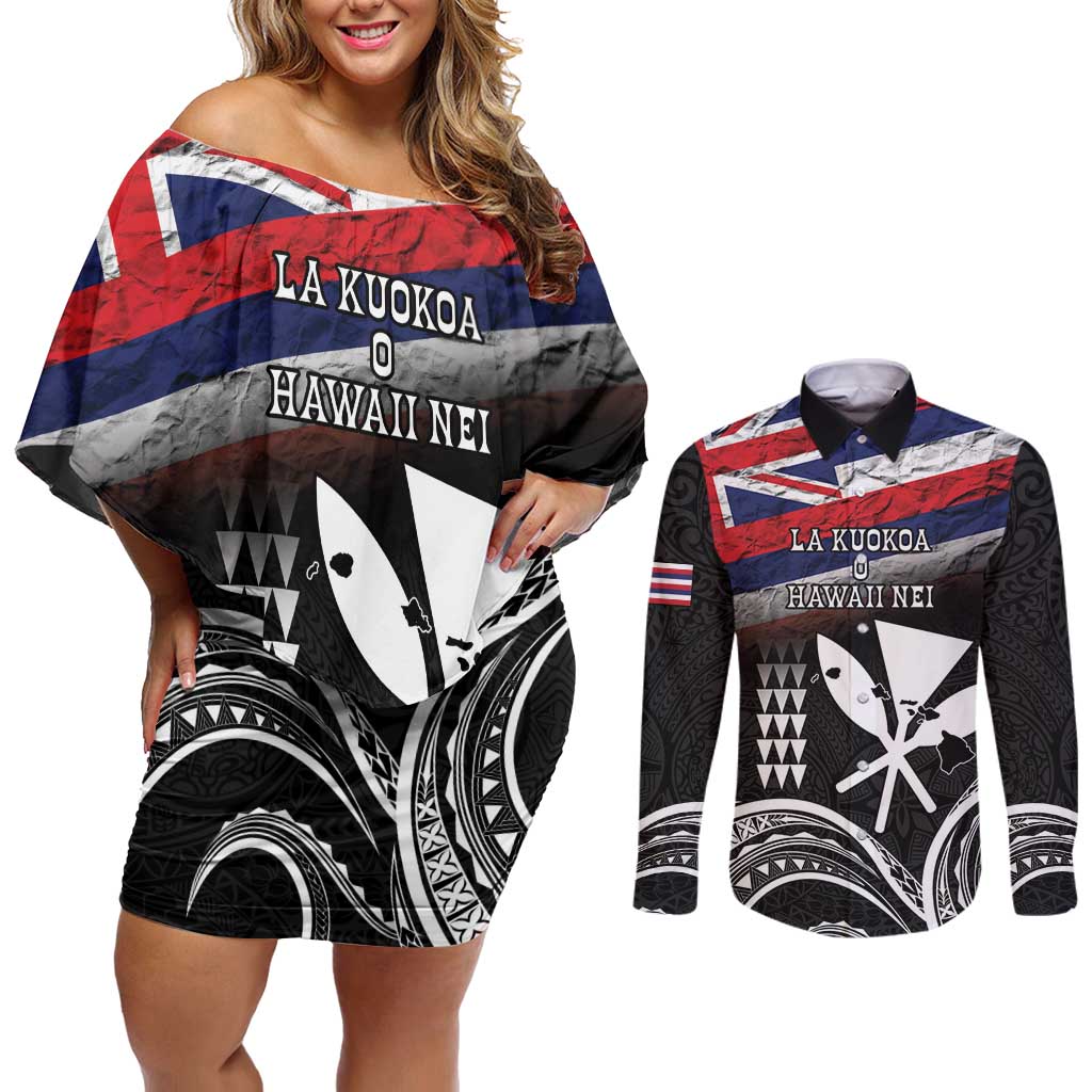 Hawaii Independence Day Couples Matching Off Shoulder Short Dress and Long Sleeve Button Shirt La Kuokoa - Happy 28th November