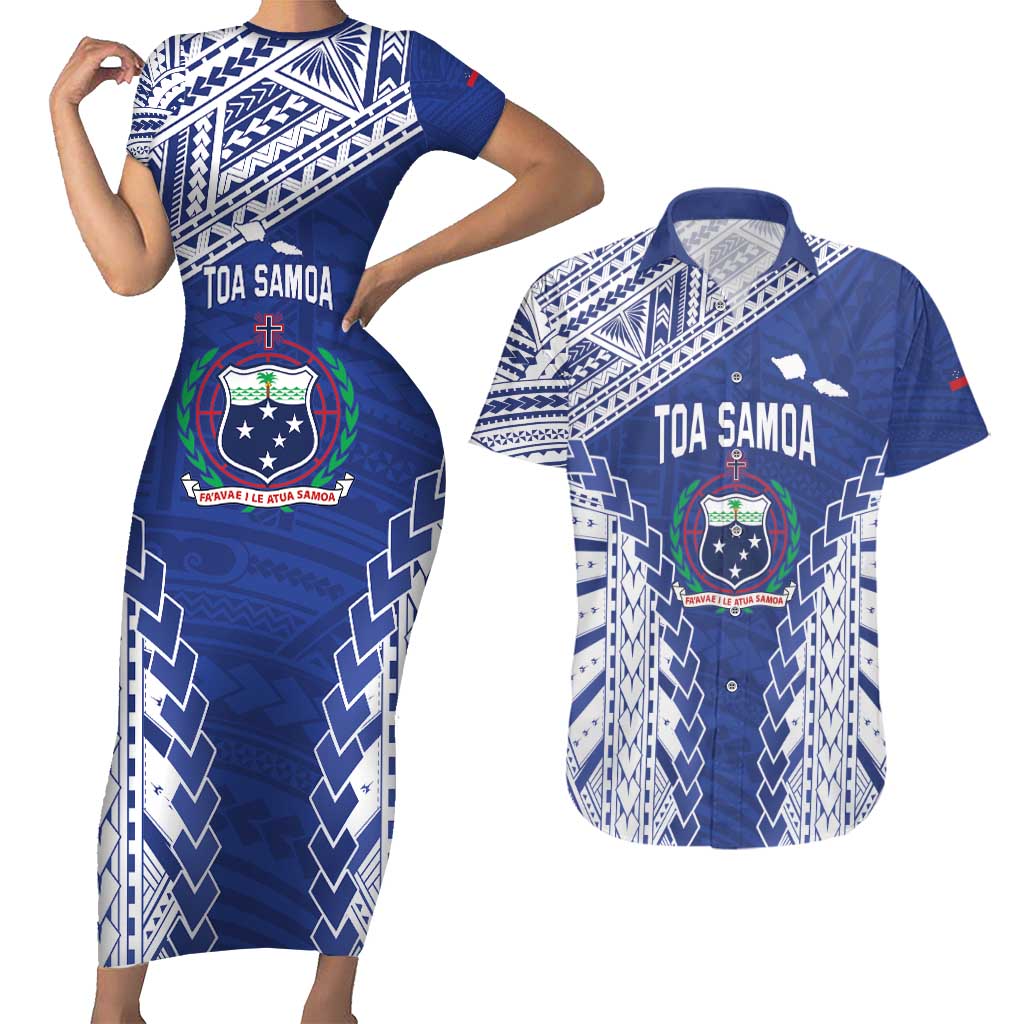 Toa Samoa Rugby Custom Couples Matching Short Sleeve Bodycon Dress and Hawaiian Shirt Go Champions Pacific Samoan Pattern - Polynesian Pride