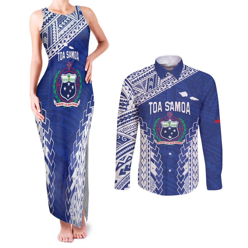 Toa Samoa Rugby Custom Couples Matching Tank Maxi Dress and Long Sleeve Button Shirt Go Champions Pacific Samoan Pattern - Polynesian Pride