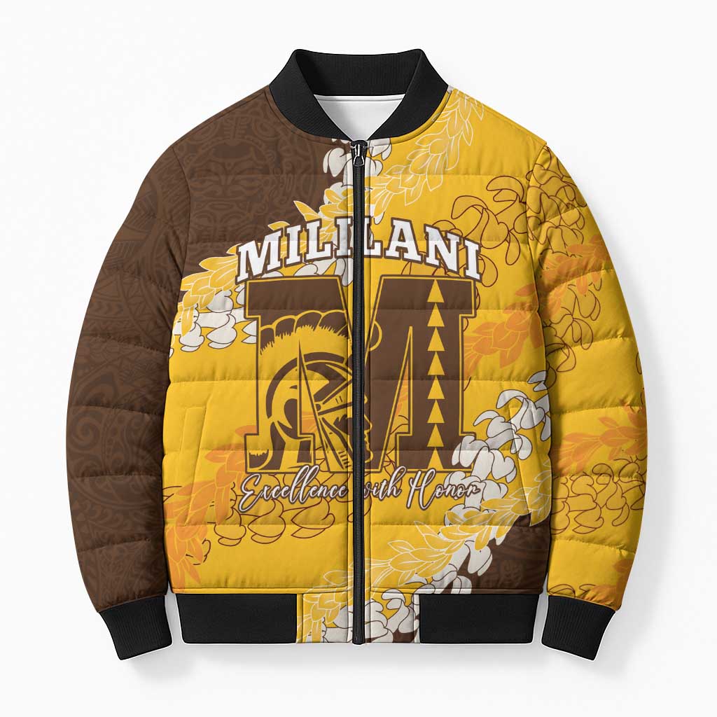 Personalized Mililani Hawaii High School Bomber Puffer Jacket Puakenikeni Lei Hawaiian Pattern - Polynesian Pride