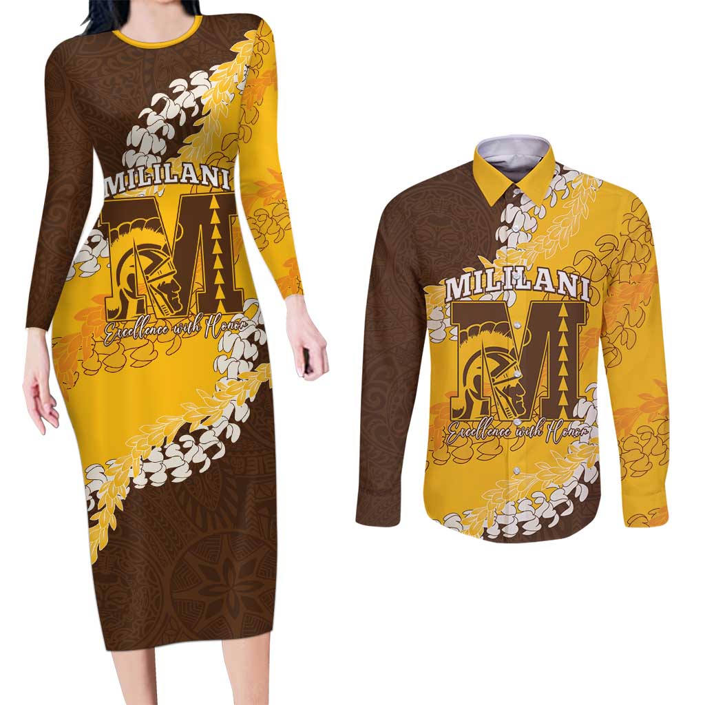 Personalized Mililani Hawaii High School Couples Matching Long Sleeve Bodycon Dress and Long Sleeve Button Shirt Puakenikeni Lei Hawaiian Pattern - Polynesian Pride