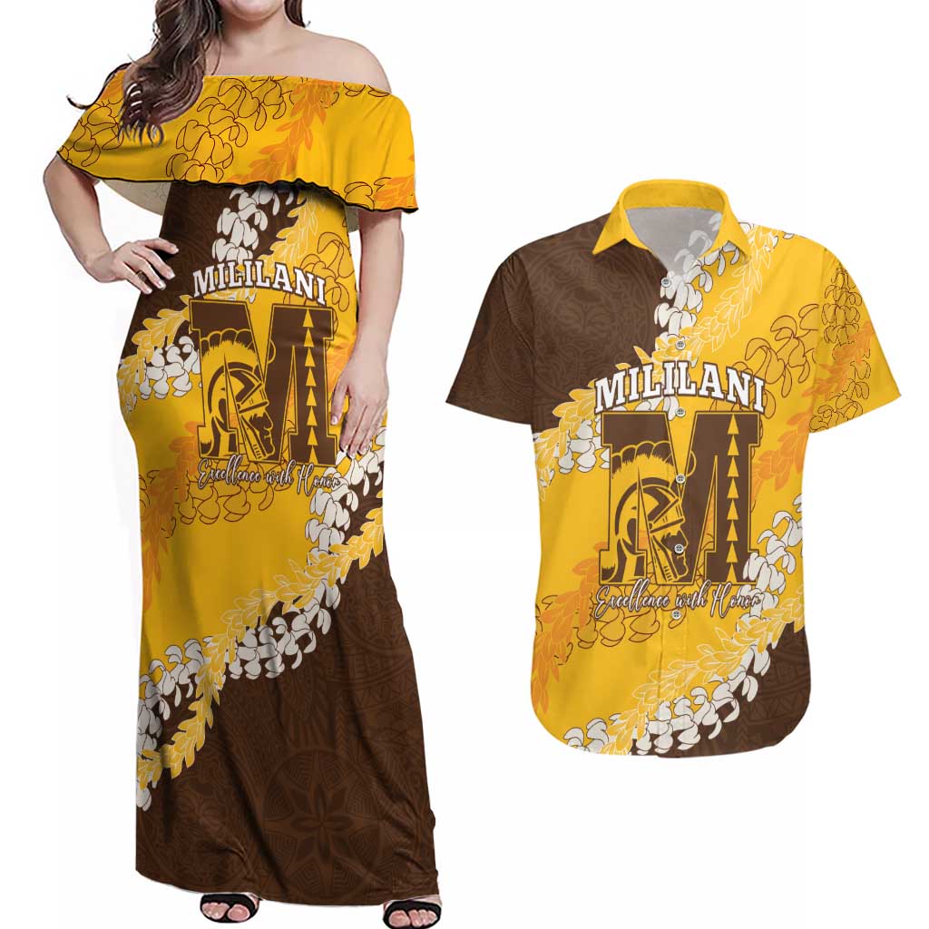 Personalized Mililani Hawaii High School Couples Matching Off Shoulder Maxi Dress and Hawaiian Shirt Puakenikeni Lei Hawaiian Pattern - Polynesian Pride