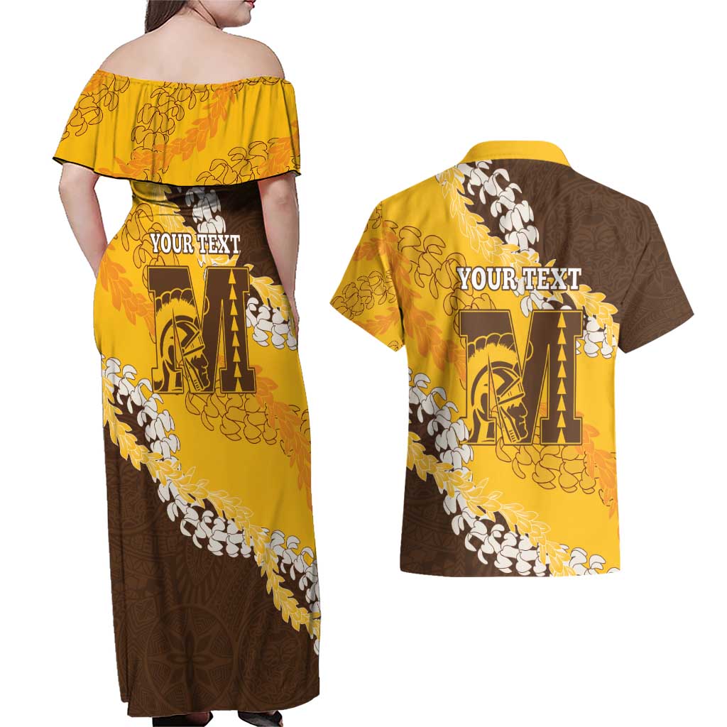 Personalized Mililani Hawaii High School Couples Matching Off Shoulder Maxi Dress and Hawaiian Shirt Puakenikeni Lei Hawaiian Pattern - Polynesian Pride