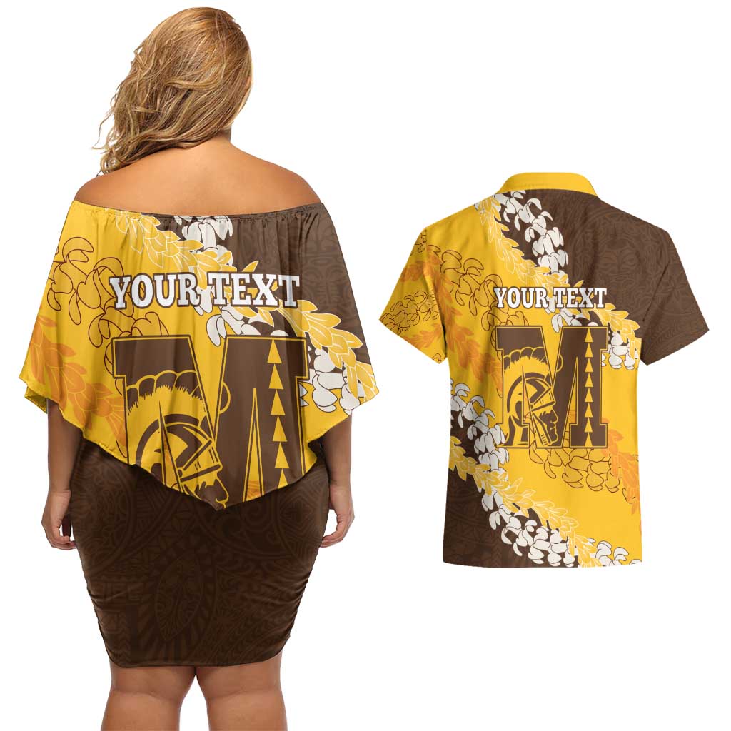 Personalized Mililani Hawaii High School Couples Matching Off Shoulder Short Dress and Hawaiian Shirt Puakenikeni Lei Hawaiian Pattern - Polynesian Pride