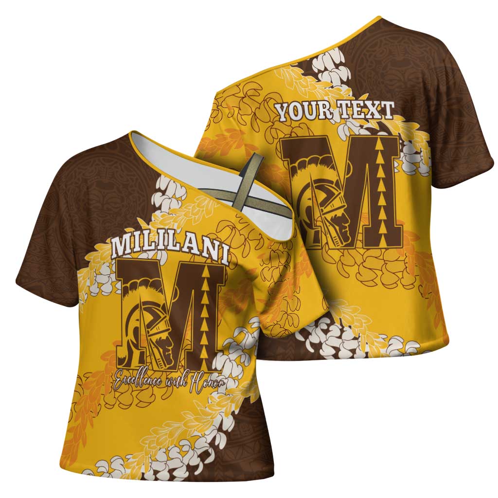 Personalized Mililani Hawaii High School Cross Shoulder Shirt Puakenikeni Lei Hawaiian Pattern - Polynesian Pride