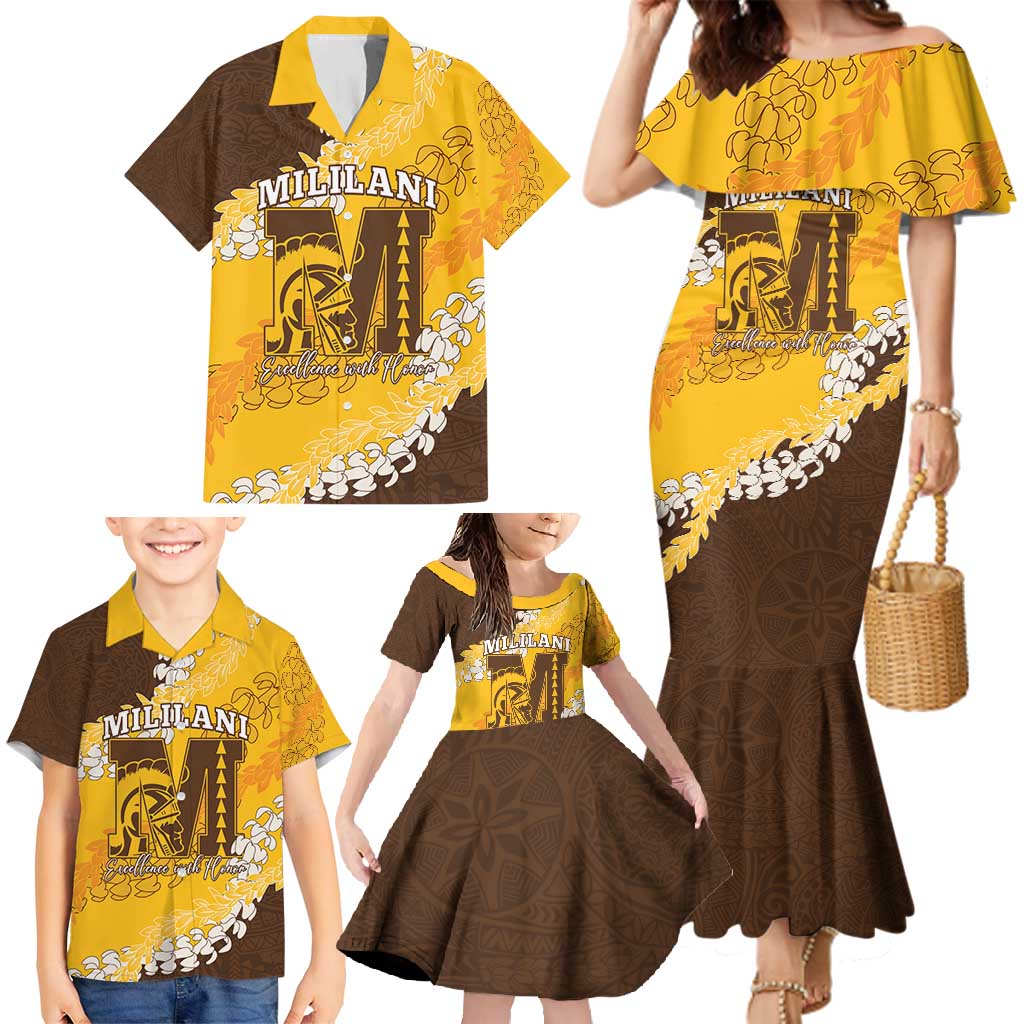 Personalized Mililani Hawaii High School Family Matching Mermaid Dress and Hawaiian Shirt Puakenikeni Lei Hawaiian Pattern - Polynesian Pride