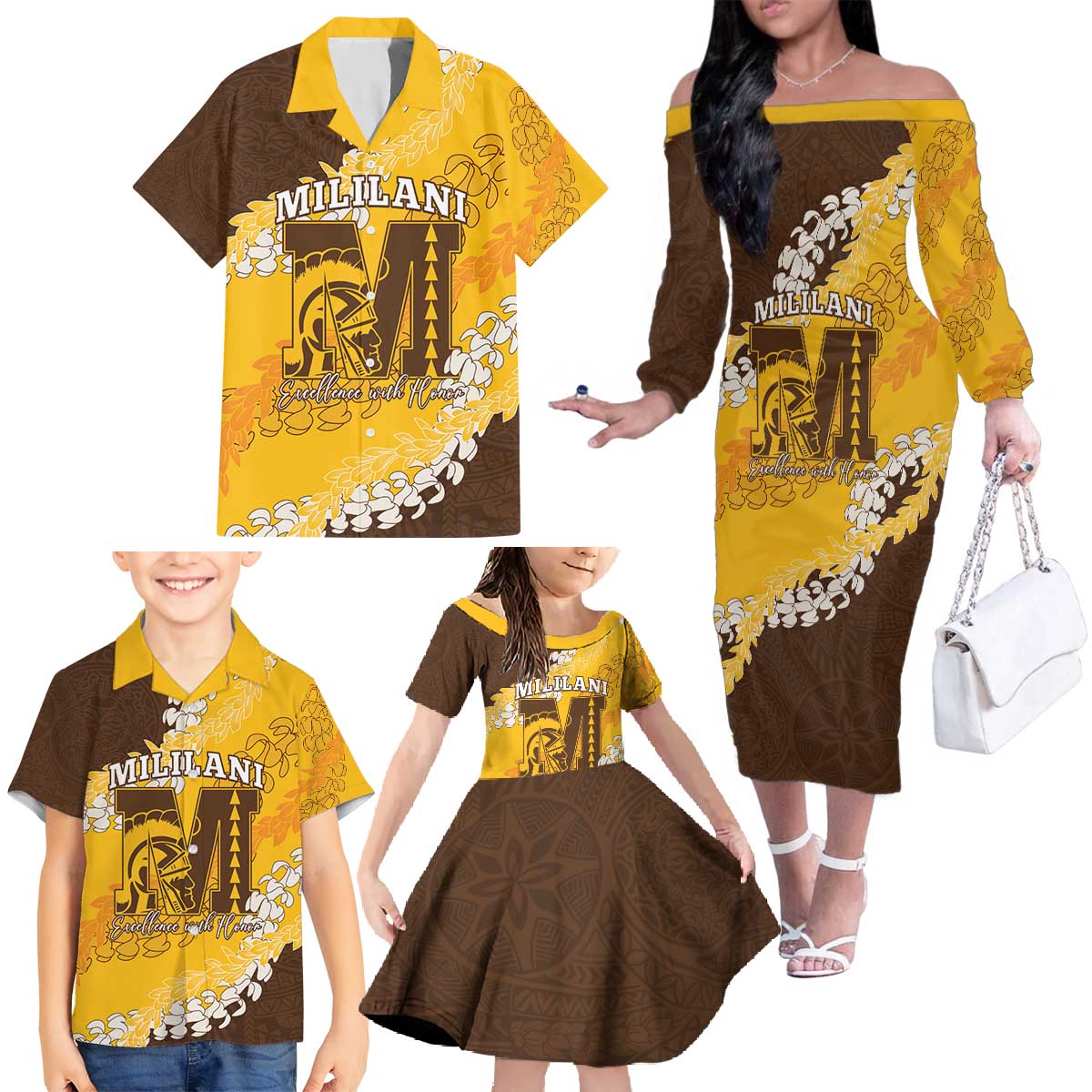Personalized Mililani Hawaii High School Family Matching Off The Shoulder Long Sleeve Dress and Hawaiian Shirt Puakenikeni Lei Hawaiian Pattern - Polynesian Pride