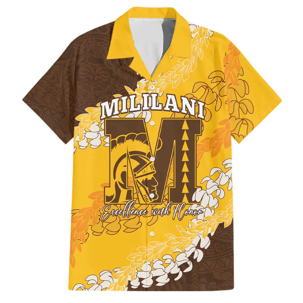 Personalized Mililani Hawaii High School Family Matching Puletasi and Hawaiian Shirt Puakenikeni Lei Hawaiian Pattern LT14 Dad's Shirt - Short Sleeve Yellow - Polynesian Pride