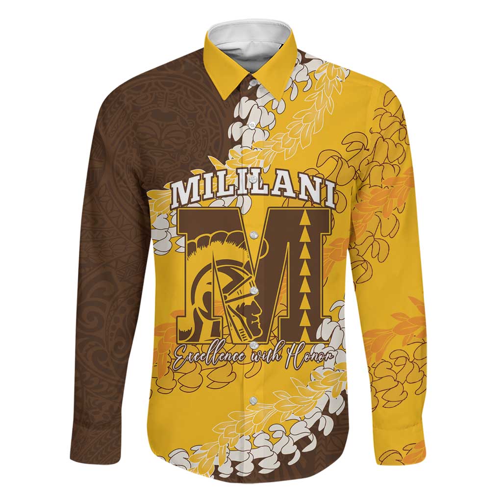 Personalized Mililani Hawaii High School Family Matching Puletasi and Hawaiian Shirt Puakenikeni Lei Hawaiian Pattern LT14 Dad's Shirt - Long Sleeve Yellow - Polynesian Pride