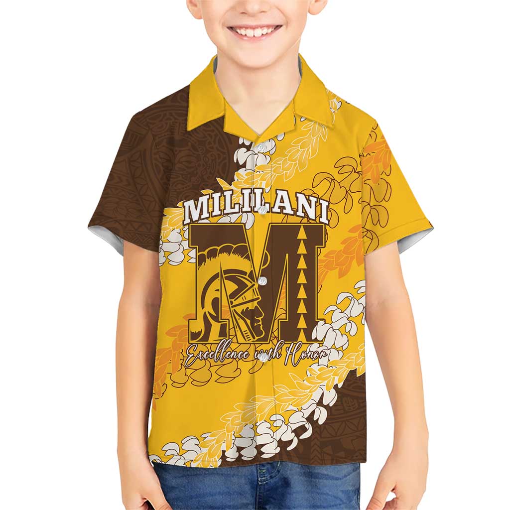 Personalized Mililani Hawaii High School Family Matching Puletasi and Hawaiian Shirt Puakenikeni Lei Hawaiian Pattern LT14 Son's Shirt Yellow - Polynesian Pride