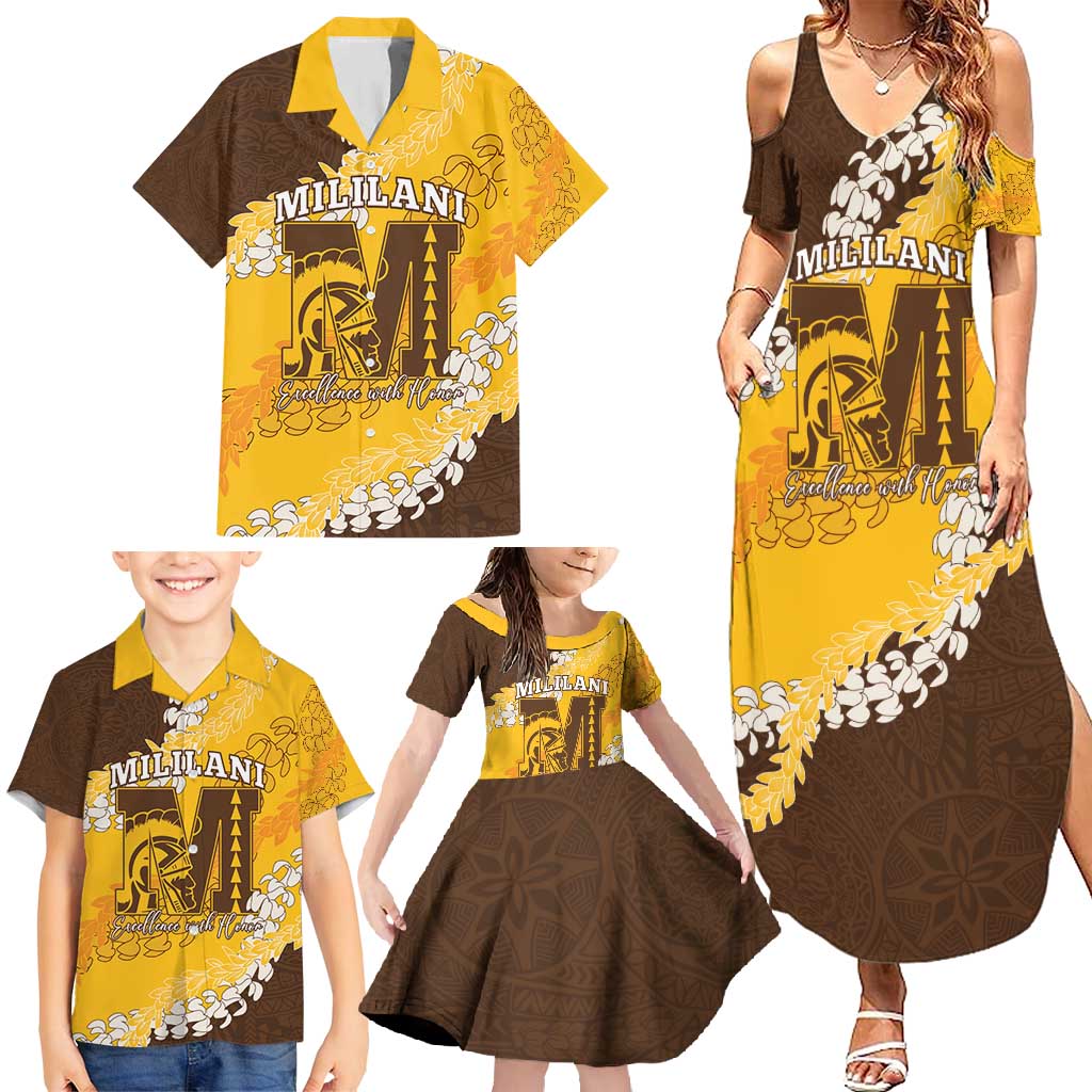 Personalized Mililani Hawaii High School Family Matching Summer Maxi Dress and Hawaiian Shirt Puakenikeni Lei Hawaiian Pattern - Polynesian Pride