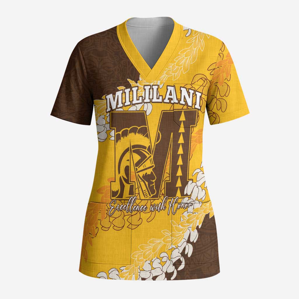 Personalized Mililani Hawaii High School Scrub Top Puakenikeni Lei Hawaiian Pattern - Polynesian Pride
