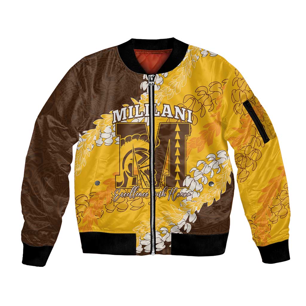 Personalized Mililani Hawaii High School Sleeve Zip Bomber Jacket Puakenikeni Lei Hawaiian Pattern - Polynesian Pride