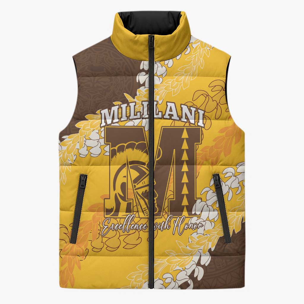 Personalized Mililani Hawaii High School Sleeveless Puffer Jacket Puakenikeni Lei Hawaiian Pattern - Polynesian Pride