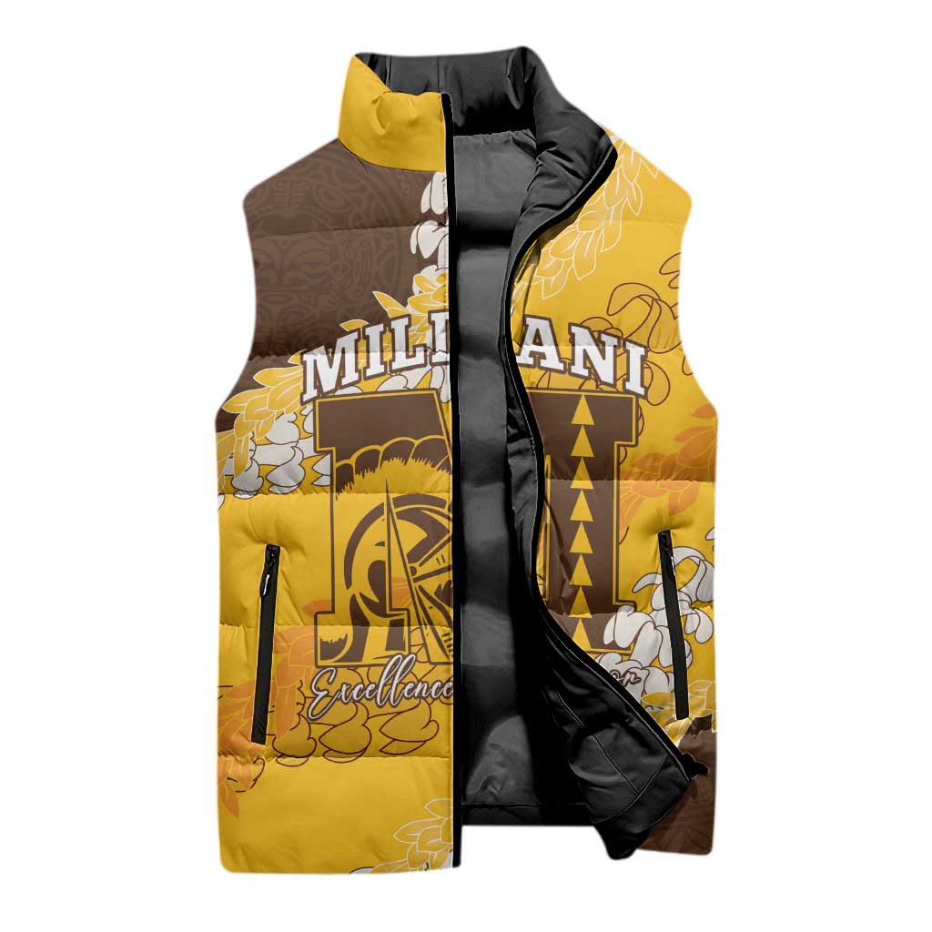 Personalized Mililani Hawaii High School Sleeveless Puffer Jacket Puakenikeni Lei Hawaiian Pattern - Polynesian Pride