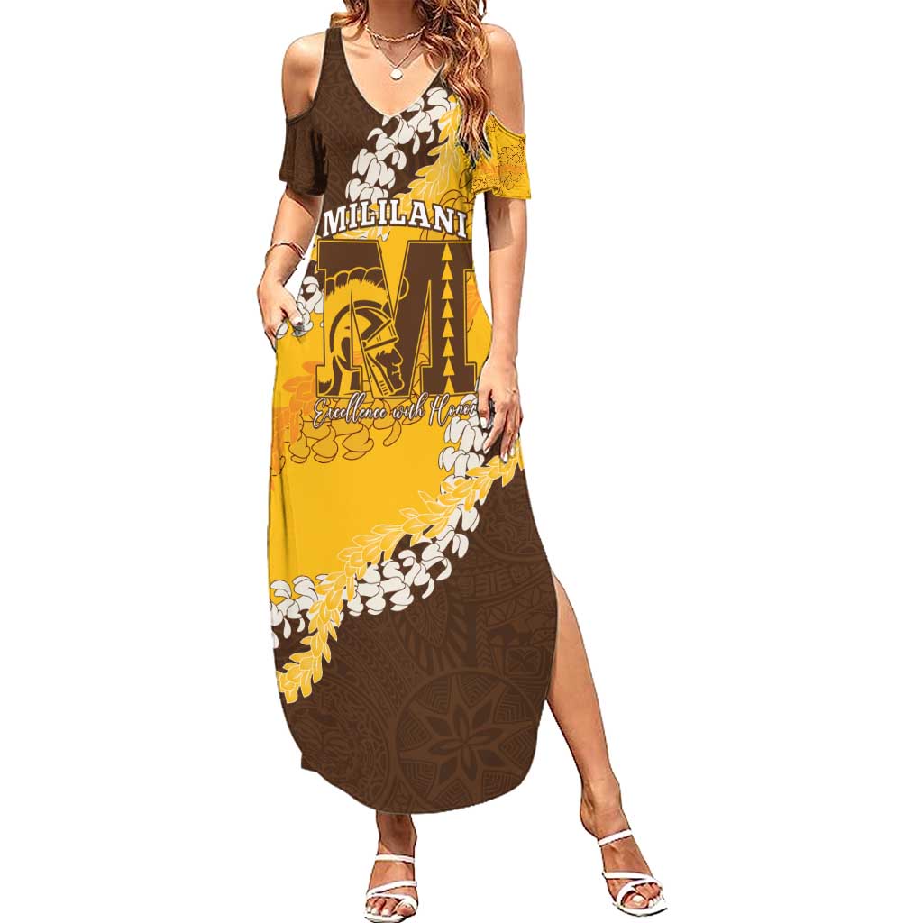 Personalized Mililani Hawaii High School Summer Maxi Dress Puakenikeni Lei Hawaiian Pattern - Polynesian Pride