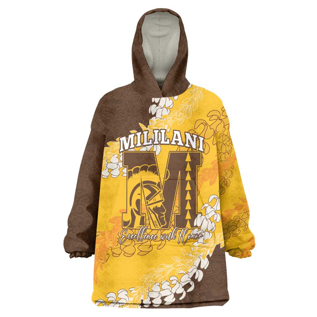 Personalized Mililani Hawaii High School Wearable Blanket Hoodie Puakenikeni Lei Hawaiian Pattern - Polynesian Pride