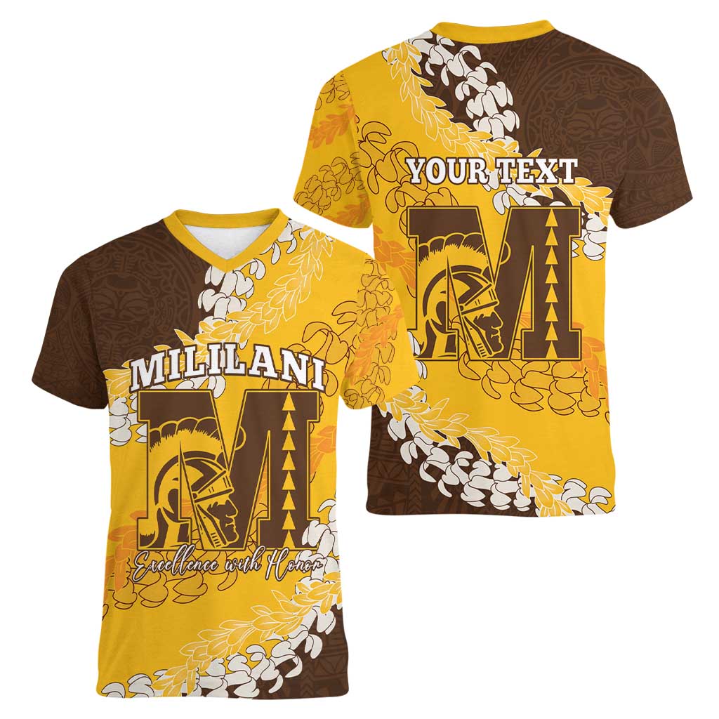 Personalized Mililani Hawaii High School Women V-Neck T-Shirt Puakenikeni Lei Hawaiian Pattern - Polynesian Pride