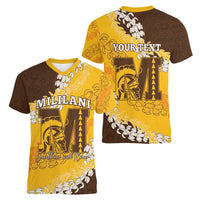 Personalized Mililani Hawaii High School Women V-Neck T-Shirt Puakenikeni Lei Hawaiian Pattern - Polynesian Pride
