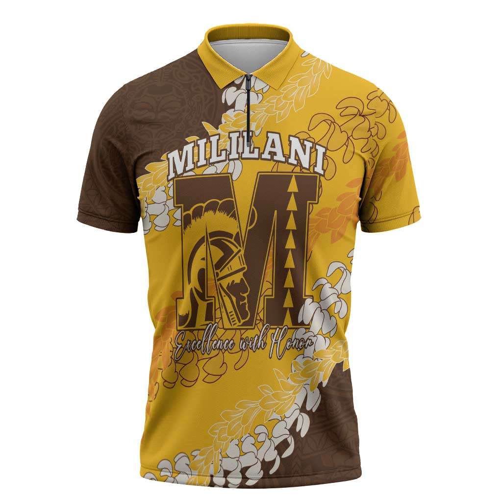 Personalized Mililani Hawaii High School Zipper Polo Shirt Puakenikeni Lei Hawaiian Pattern - Polynesian Pride