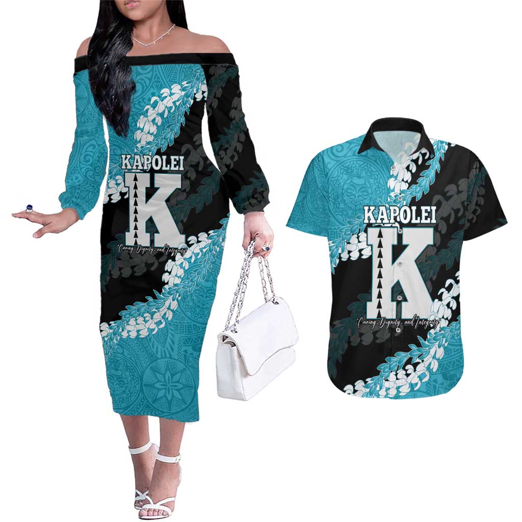 Personalized Kapolei Hawaii High School Couples Matching Off The Shoulder Long Sleeve Dress and Hawaiian Shirt Puakenikeni Lei Hawaiian Pattern - Polynesian Pride