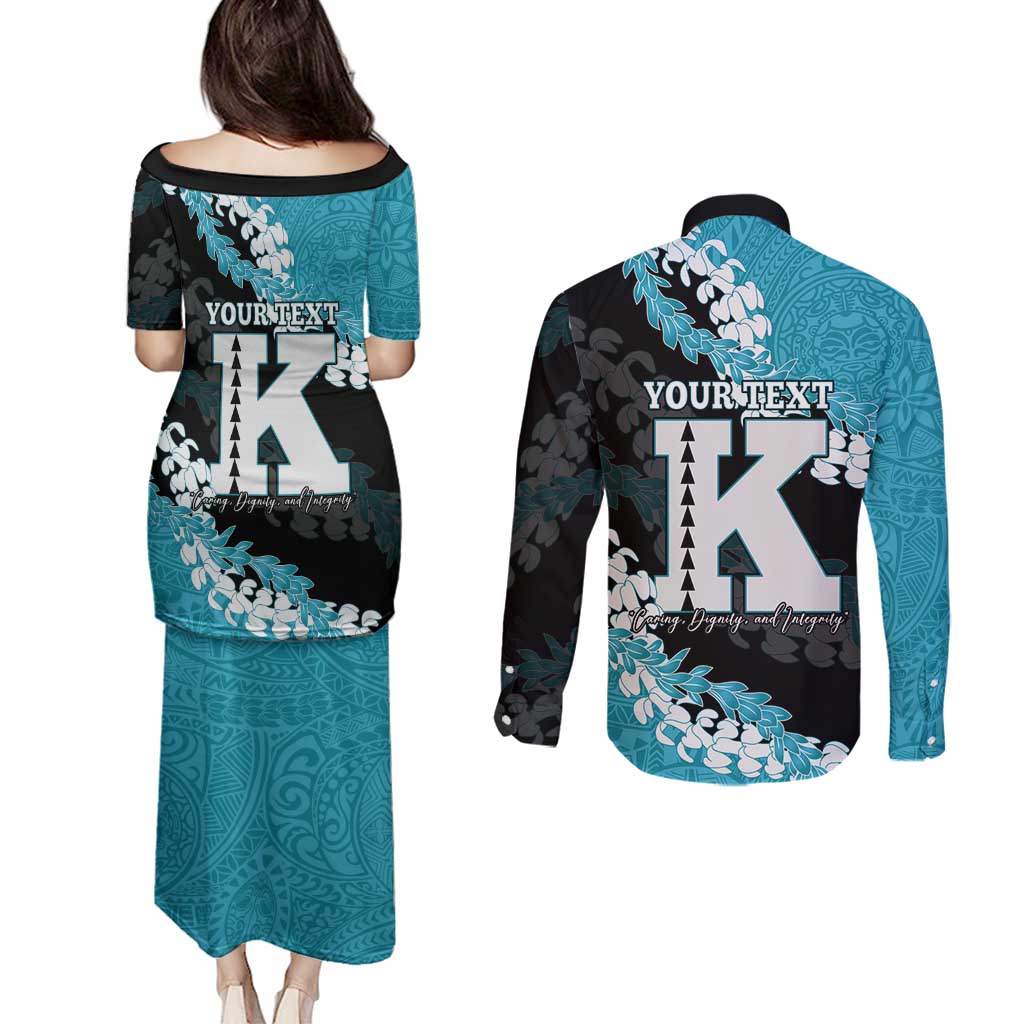 Personalized Kapolei Hawaii High School Couples Matching Puletasi and Long Sleeve Button Shirt Puakenikeni Lei Hawaiian Pattern - Polynesian Pride