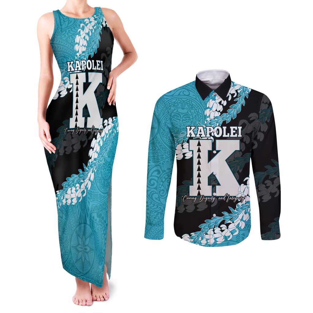 Personalized Kapolei Hawaii High School Couples Matching Tank Maxi Dress and Long Sleeve Button Shirt Puakenikeni Lei Hawaiian Pattern - Polynesian Pride